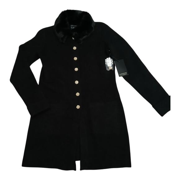 Adrienne Vittadini Women S Black Faux Fur Collar Long Knit Sweater Flower Button - Picture 1 of 7